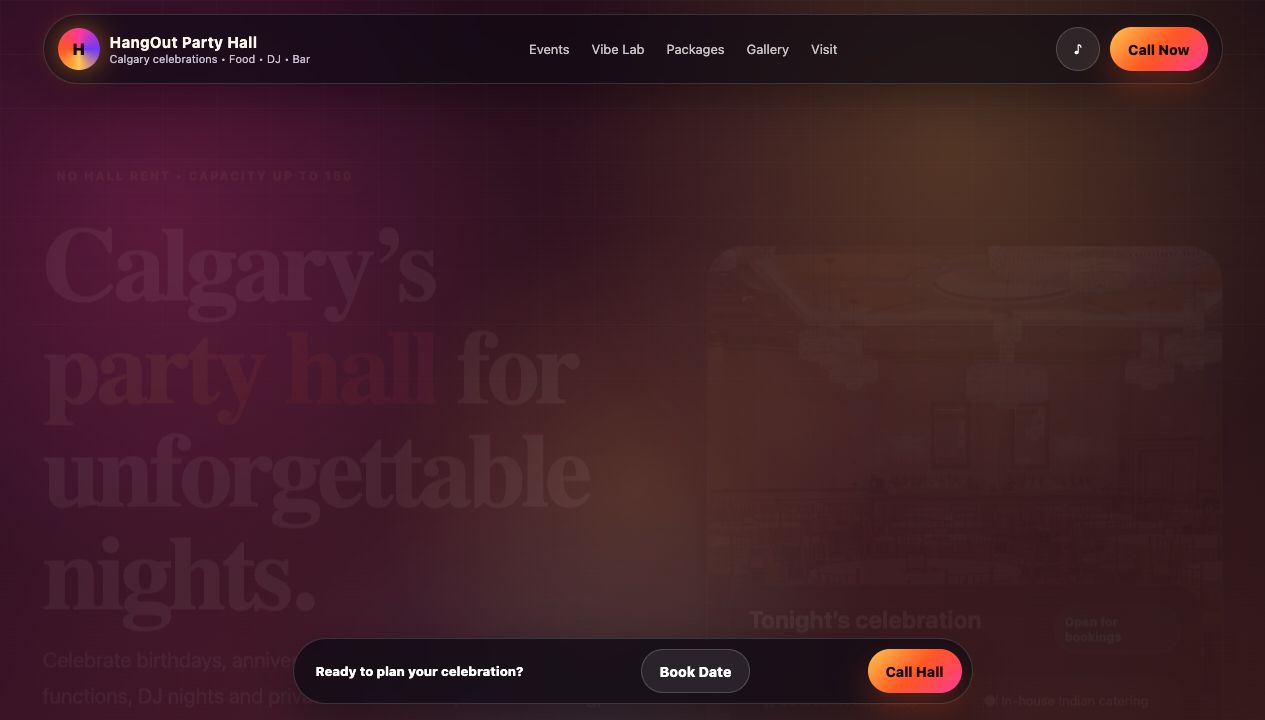 HangOut Party Hall Calgary website preview